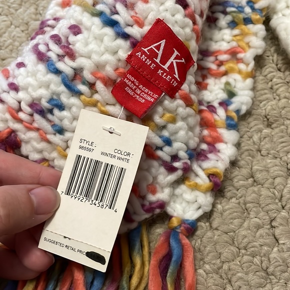 ANNE KLEIN NWT white/cream purple blue orange yellow scarf with fringe new - Picture 8 of 9